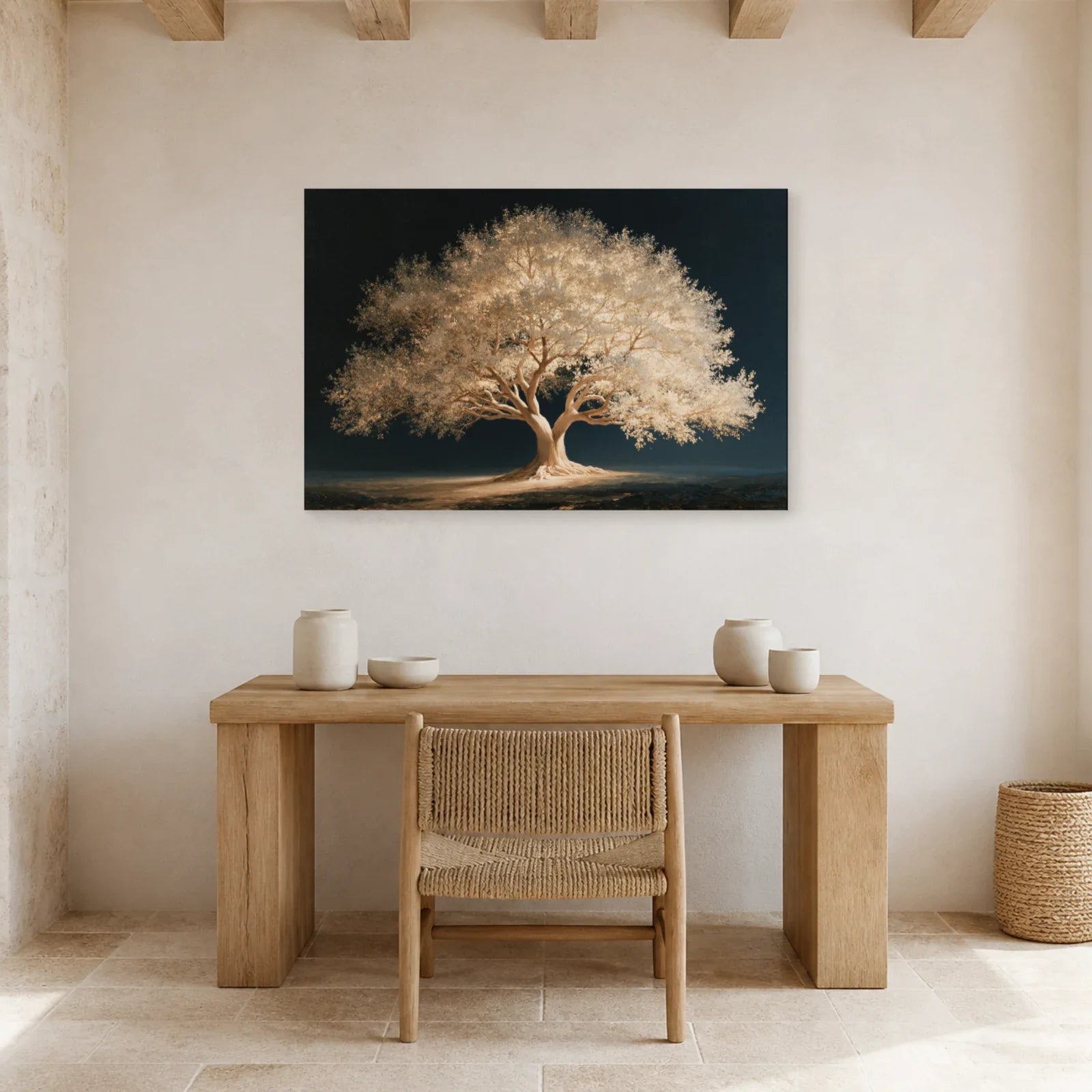 Tableau Arbre de Vie Blanc présenté dans un bureau - Art Virtuoso