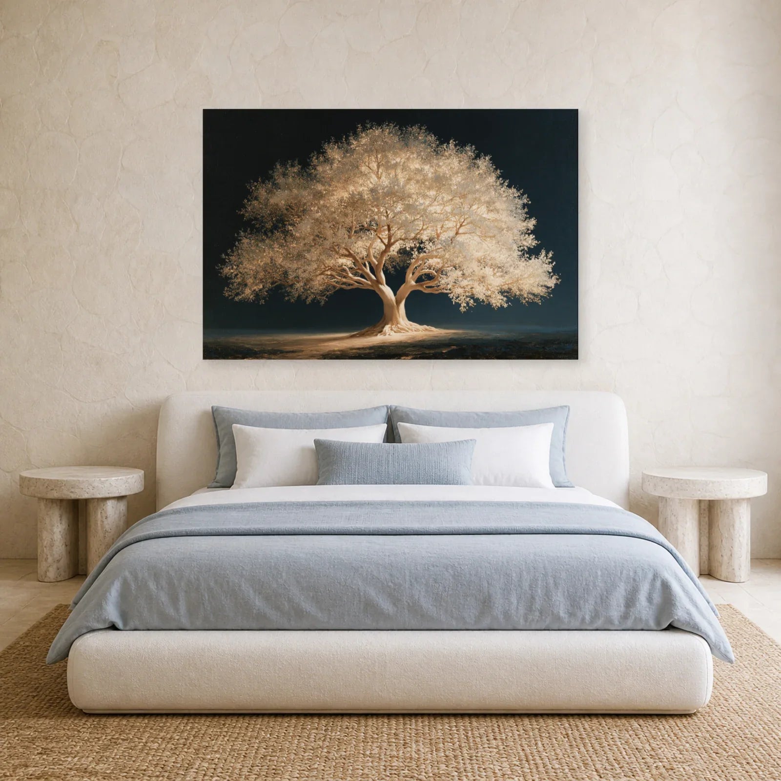 Tableau Arbre de Vie Blanc présenté dans une chambre - Art Virtuoso