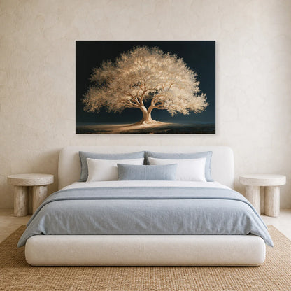 Tableau Arbre de Vie Blanc présenté dans une chambre - Art Virtuoso