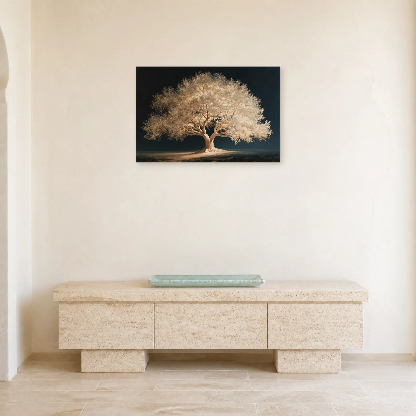 Tableau Arbre de Vie Blanc présenté dans une entrée - Art Virtuoso