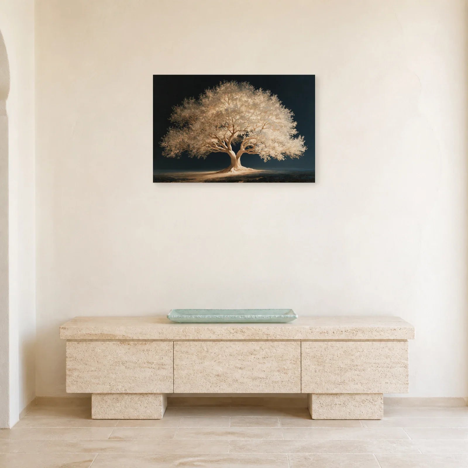 Tableau Arbre de Vie Blanc présenté dans une entrée - Art Virtuoso