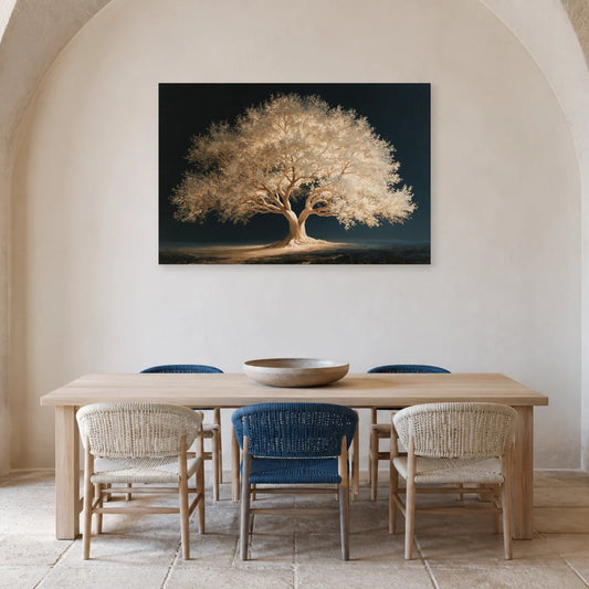 Tableau Arbre de Vie Blanc présenté dans une salle à manger - Art Virtuoso
