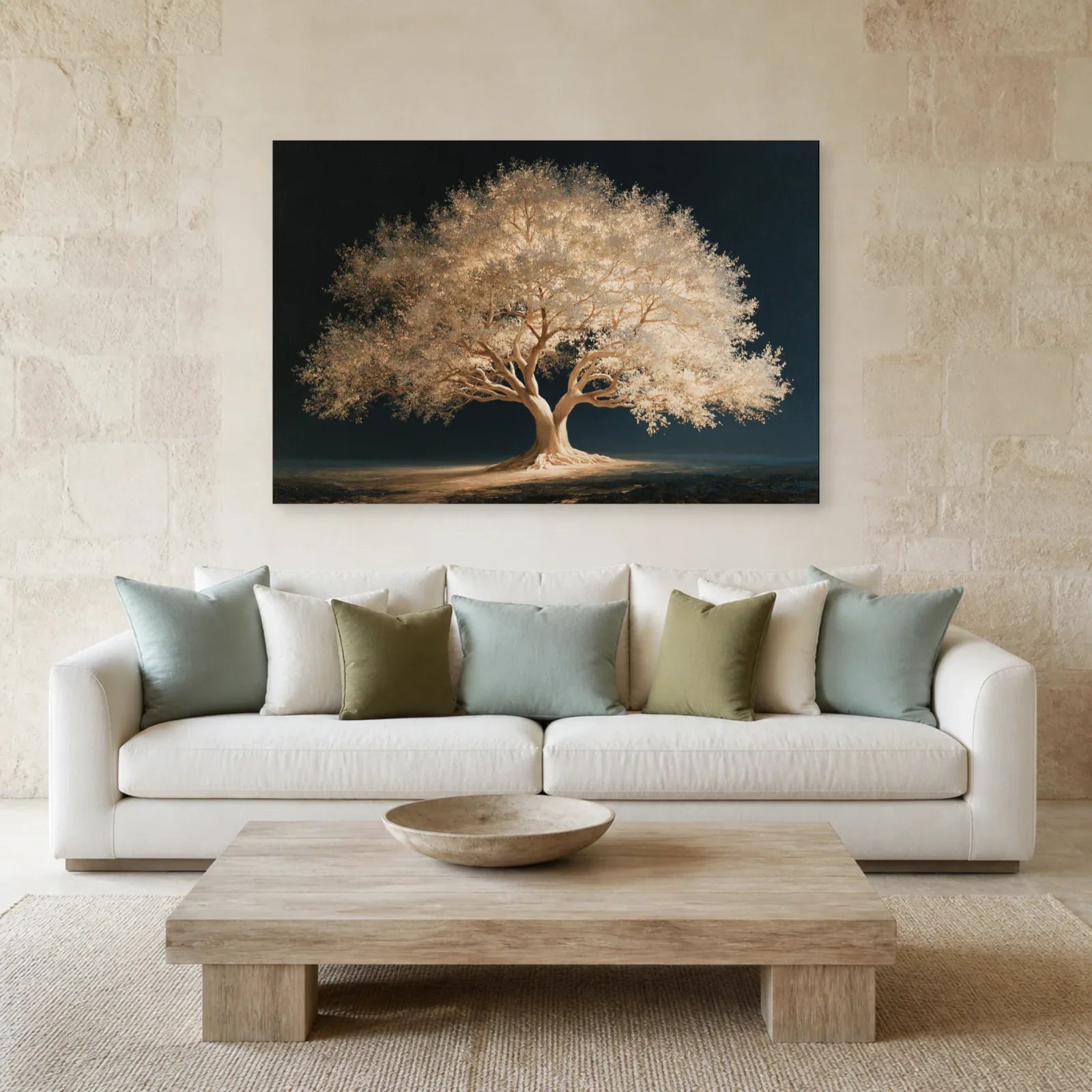 Tableau Arbre de Vie Blanc présenté dans un salon - Art Virtuoso