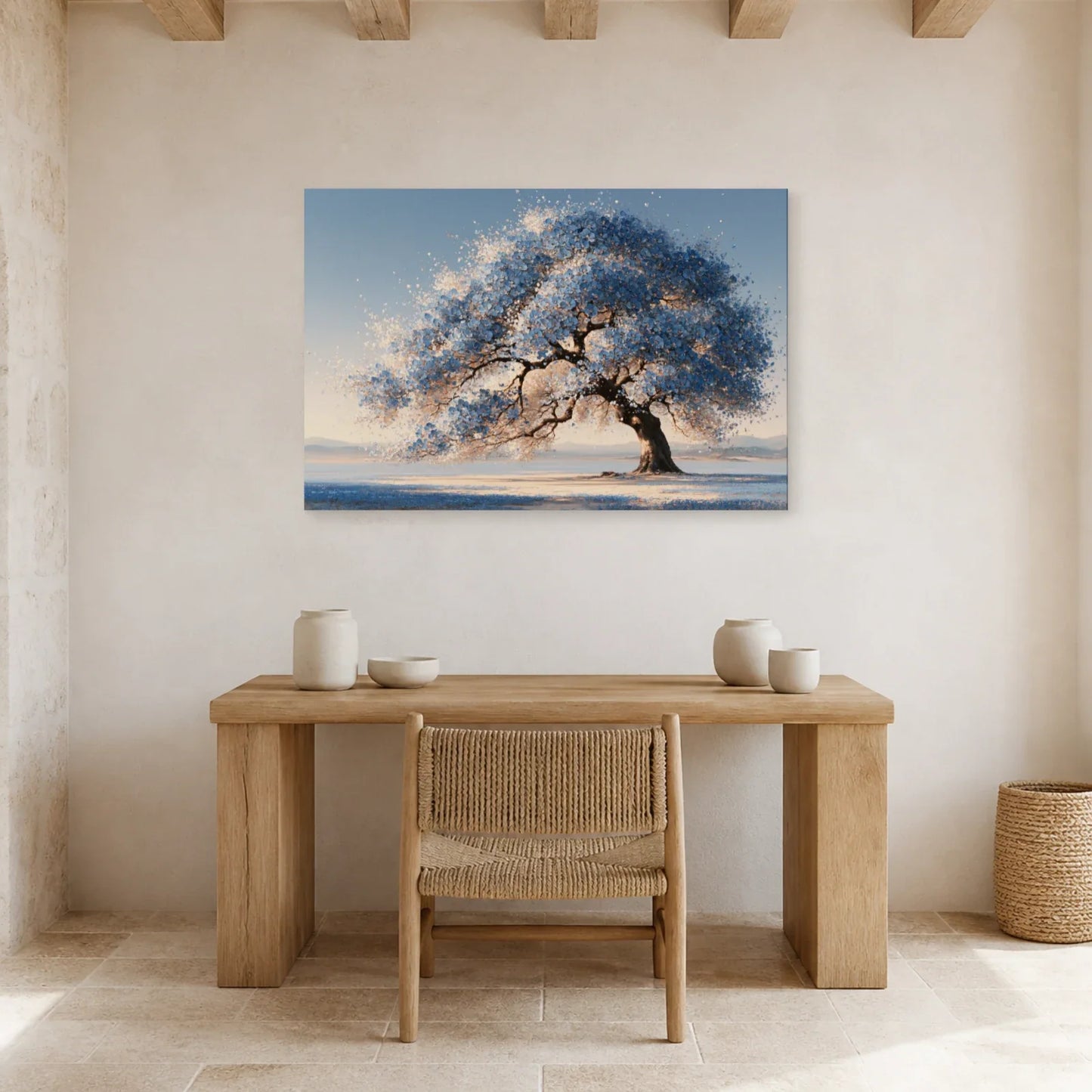 Tableau Arbre de Vie Bleu présenté dans un bureau - Art Virtuoso
