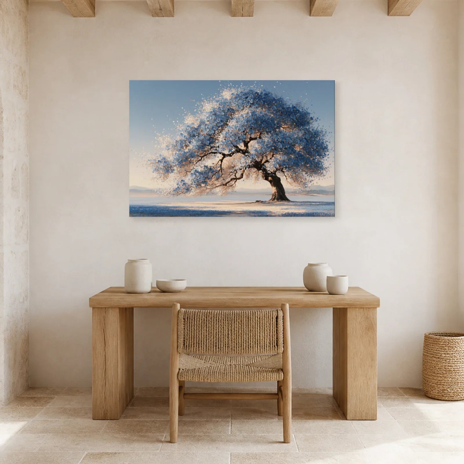 Tableau Arbre de Vie Bleu présenté dans un bureau - Art Virtuoso