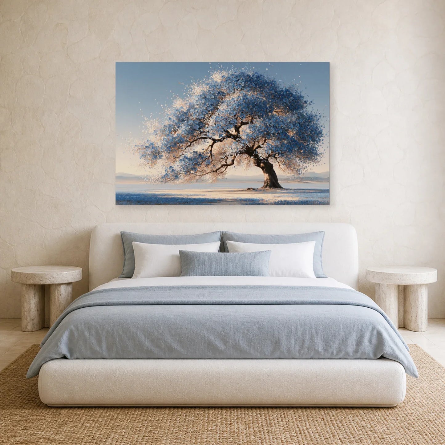 Tableau Arbre de Vie Bleu présenté dans une chambre - Art Virtuoso