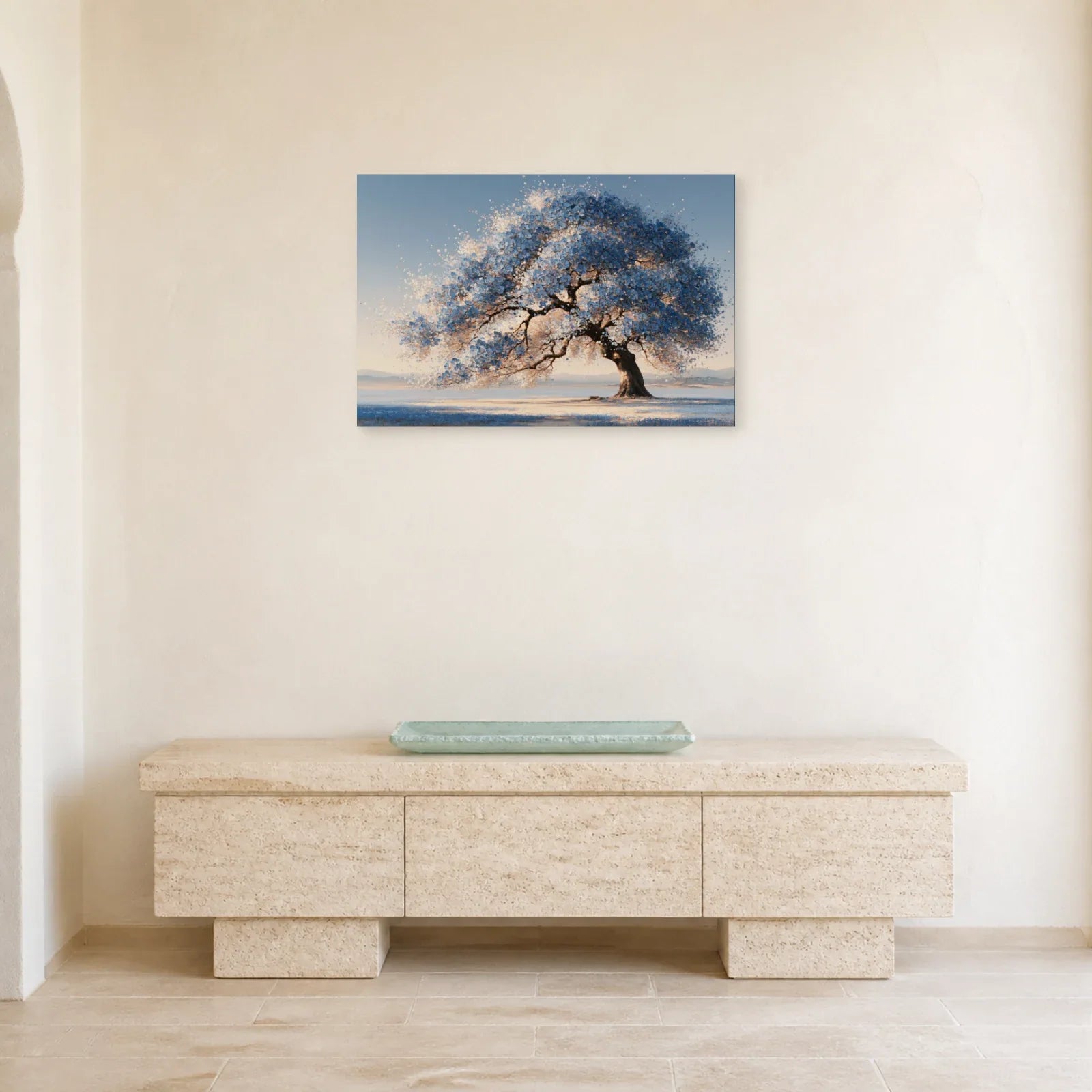 Tableau Arbre de Vie Bleu présenté dans une entrée - Art Virtuoso