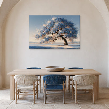 Tableau Arbre de Vie Bleu présenté dans une salle à manger - Art Virtuoso