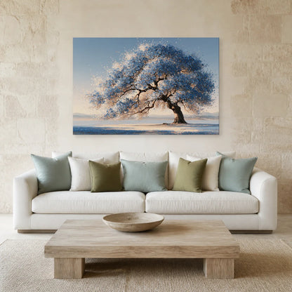 Tableau Arbre de Vie Bleu présenté dans un salon - Art Virtuoso