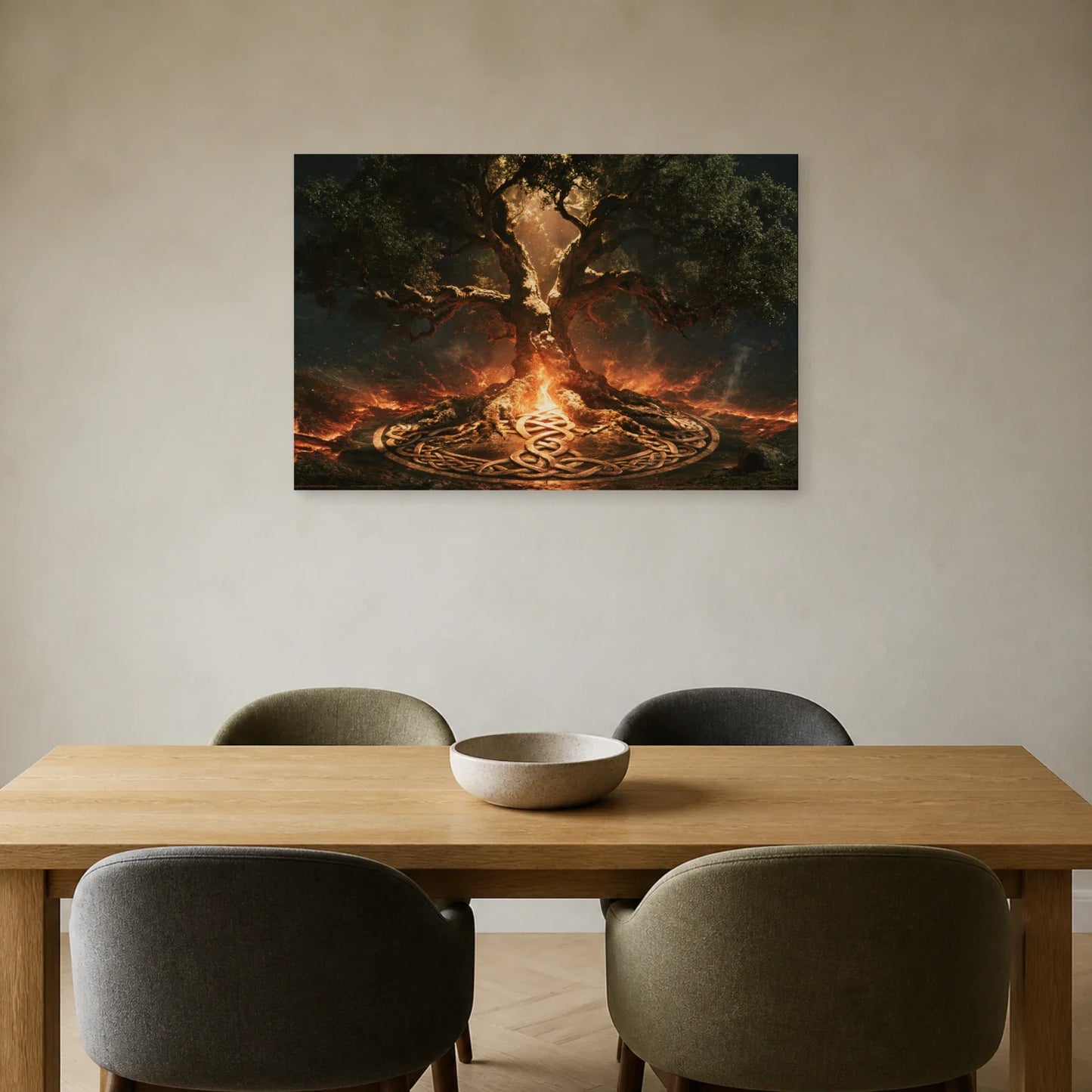 Tableau Arbre de Vie Celtique présenté dans une salle à manger - Art Virtuoso