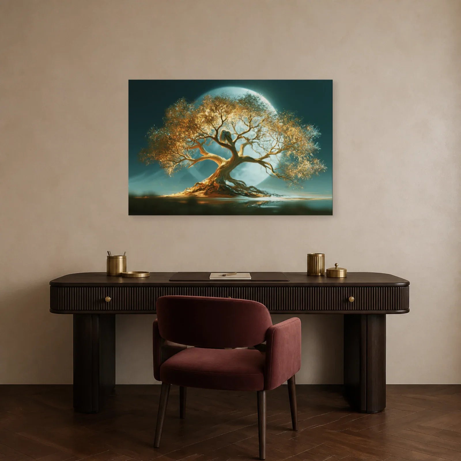 Tableau Arbre de Vie Chouettes présenté dans un bureau - Art Virtuoso