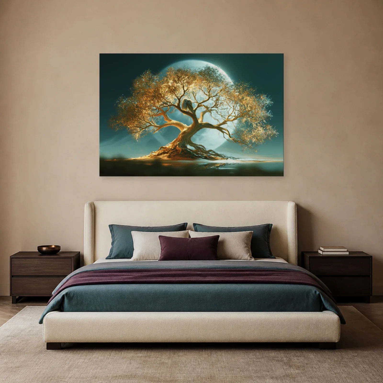 Tableau Arbre de Vie Chouettes présenté dans une chambre - Art Virtuoso
