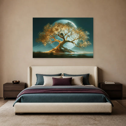 Tableau Arbre de Vie Chouettes présenté dans une chambre - Art Virtuoso
