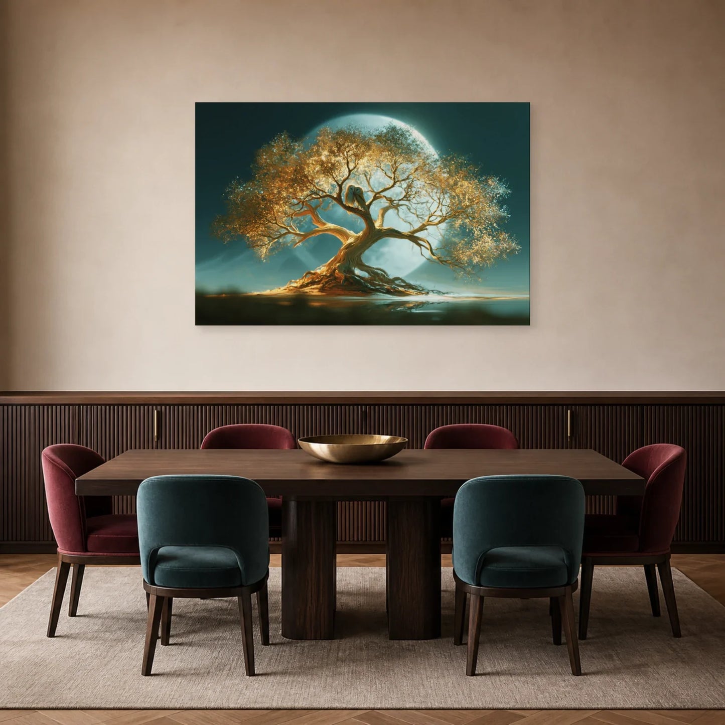 Tableau Arbre de Vie Chouettes présenté dans une salle à manger - Art Virtuoso