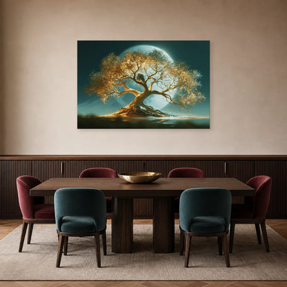 Tableau Arbre de Vie Chouettes présenté dans une salle à manger - Art Virtuoso