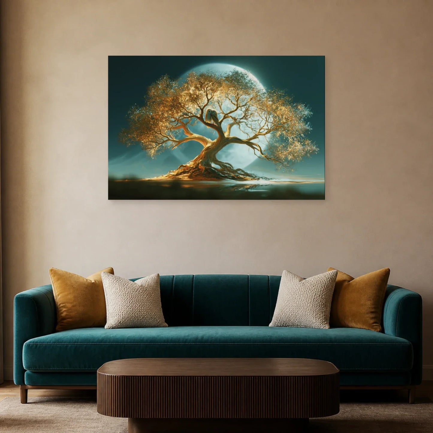 Tableau Arbre de Vie Chouettes présenté dans un salon - Art Virtuoso