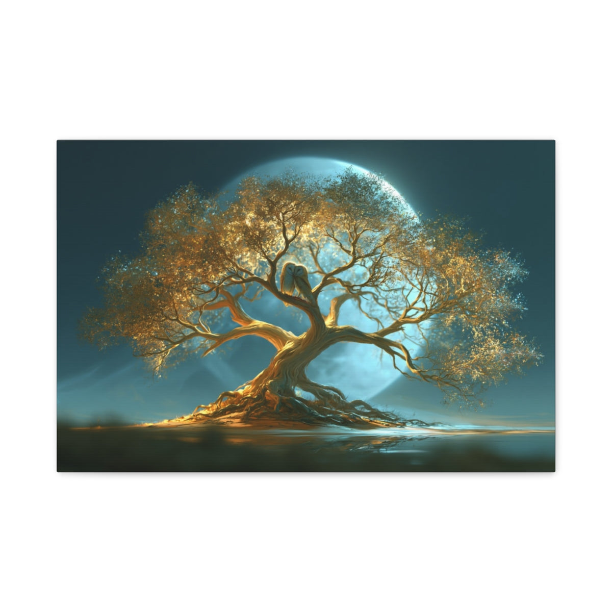 Tableau Arbre de Vie Chouettes, un arbre ancien éclairé par une lune bleue dans une atmosphère nocturne, format M - Art Virtuoso