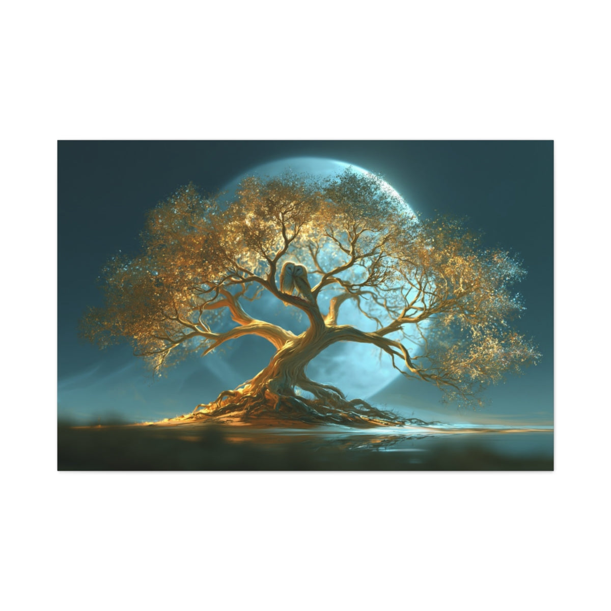 Tableau Arbre de Vie Chouettes, un arbre ancien éclairé par une lune bleue dans une atmosphère nocturne, format XXL - Art Virtuoso