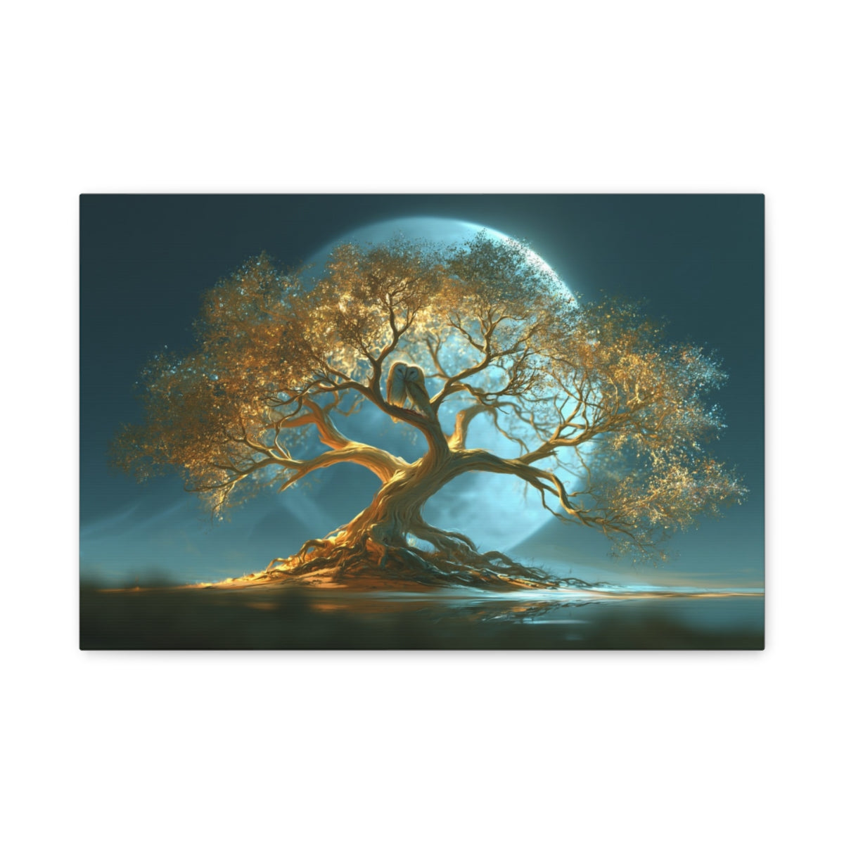 Tableau Arbre de Vie Chouettes, un arbre ancien éclairé par une lune bleue dans une atmosphère nocturne, format S - Art Virtuoso