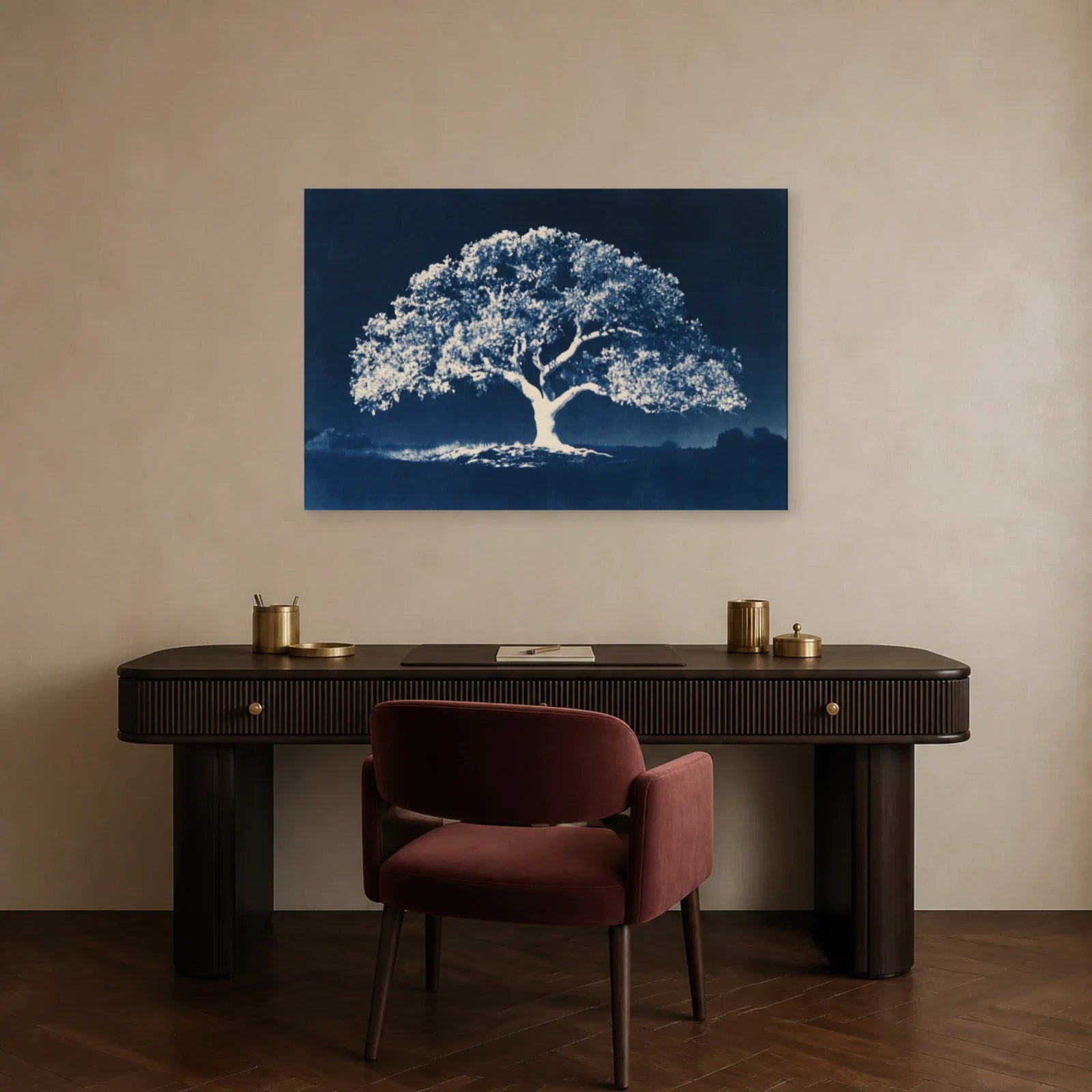 Tableau Arbre de Vie Cyanotype présenté dans un bureau - Art Virtuoso