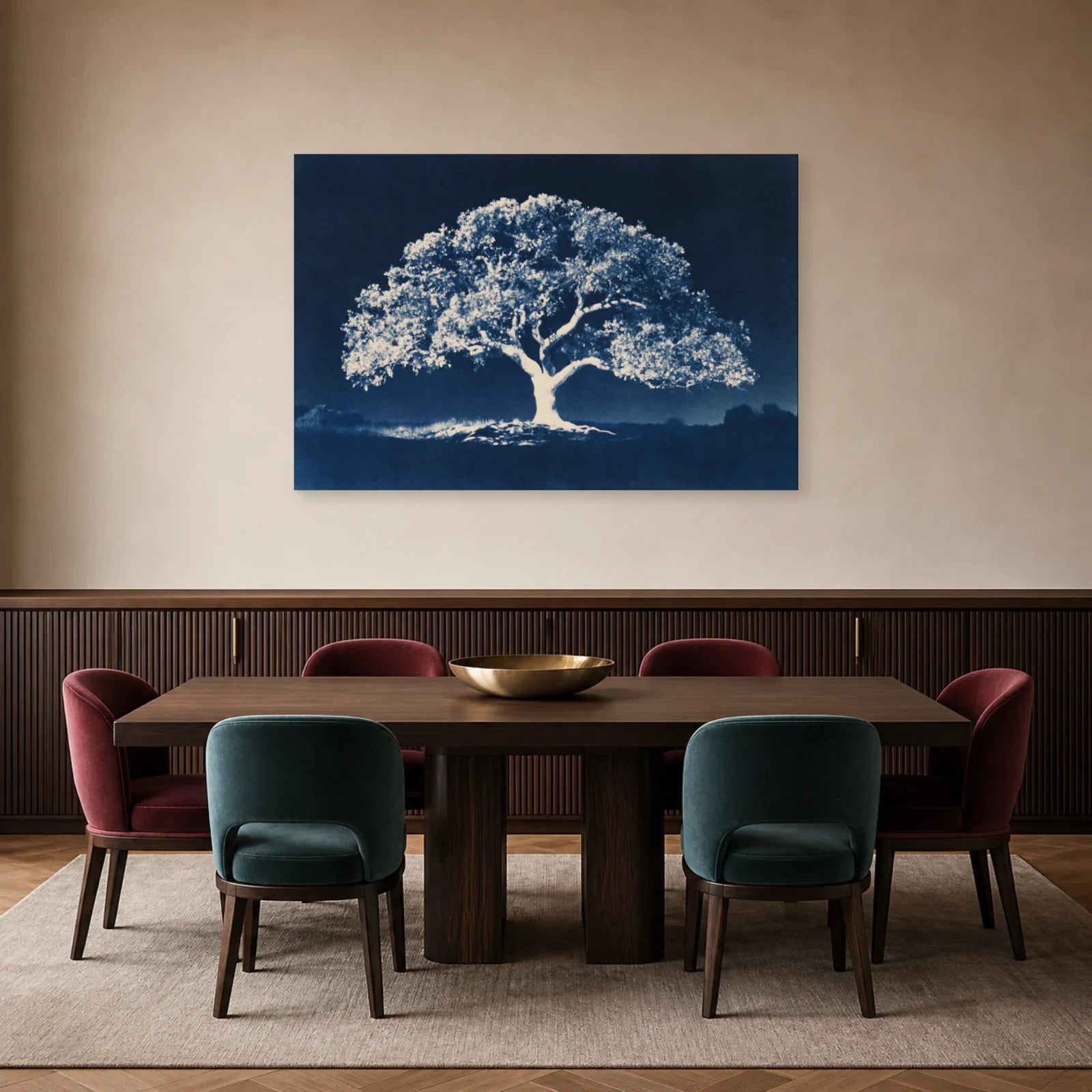 Tableau Arbre de Vie Cyanotype présenté dans une salle à manger - Art Virtuoso