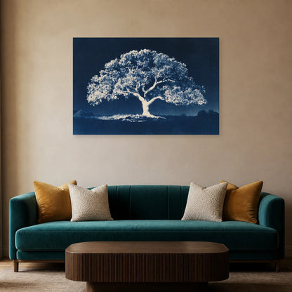 Tableau Arbre de Vie Cyanotype présenté dans un salon - Art Virtuoso