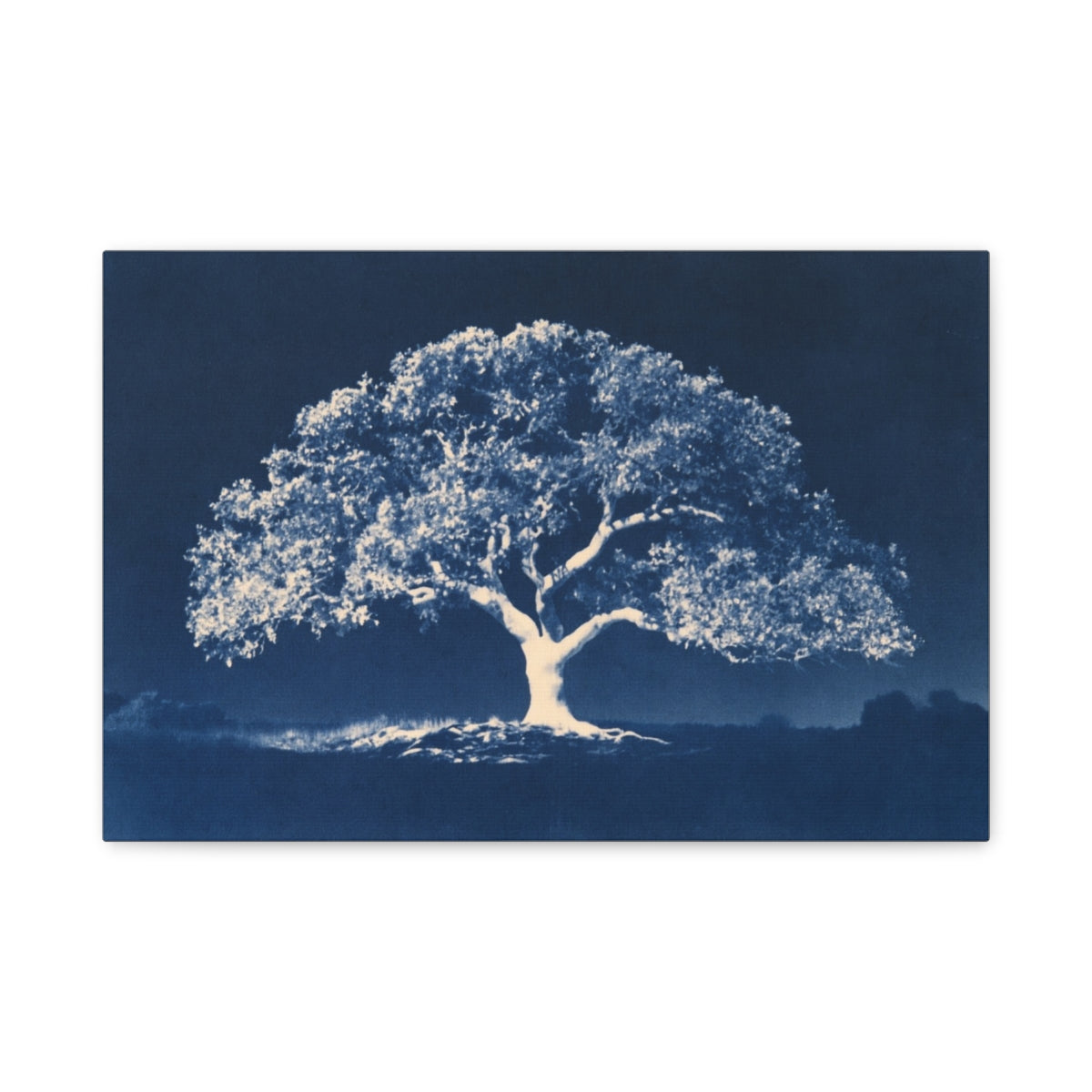 Tableau Arbre de Vie Cyanotype, un arbre blanc aux ramifications botaniques sur un bleu de Prusse intense, format S - Art Virtuoso