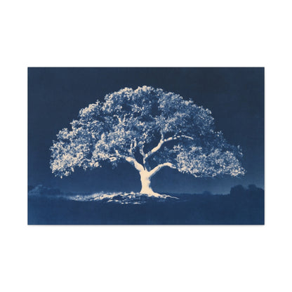 Tableau Arbre de Vie Cyanotype, un arbre blanc aux ramifications botaniques sur un bleu de Prusse intense, format XL - Art Virtuoso