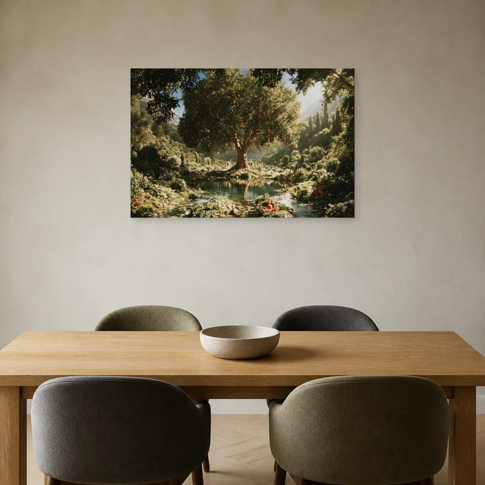 Tableau Arbre de Vie Éden présenté dans une salle à manger - Art Virtuoso