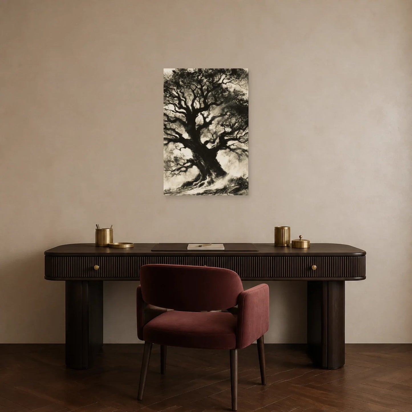 Tableau Arbre de Vie Fusain présenté dans un bureau - Art Virtuoso
