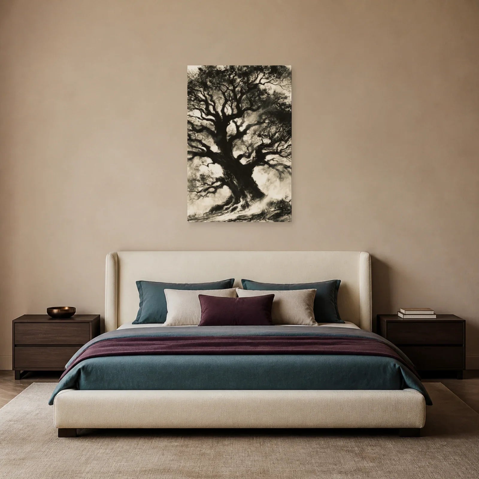 Tableau Arbre de Vie Fusain présenté dans une chambre - Art Virtuoso