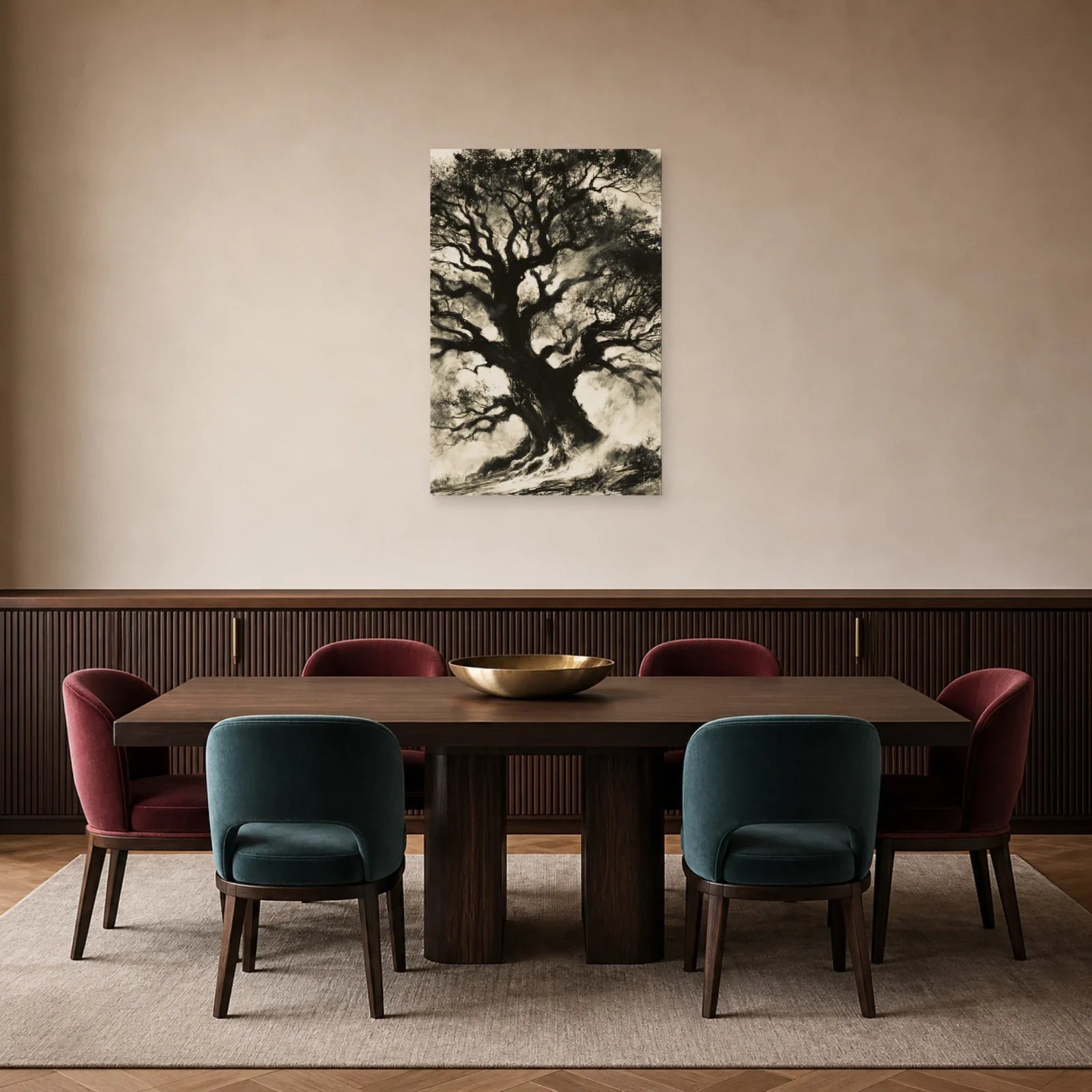 Tableau Arbre de Vie Fusain présenté dans une salle à manger - Art Virtuoso