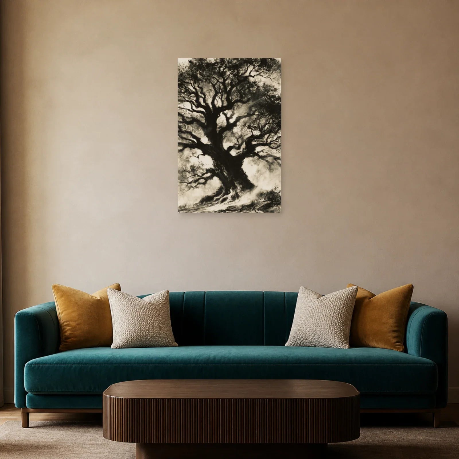 Tableau Arbre de Vie Fusain présenté dans un salon - Art Virtuoso
