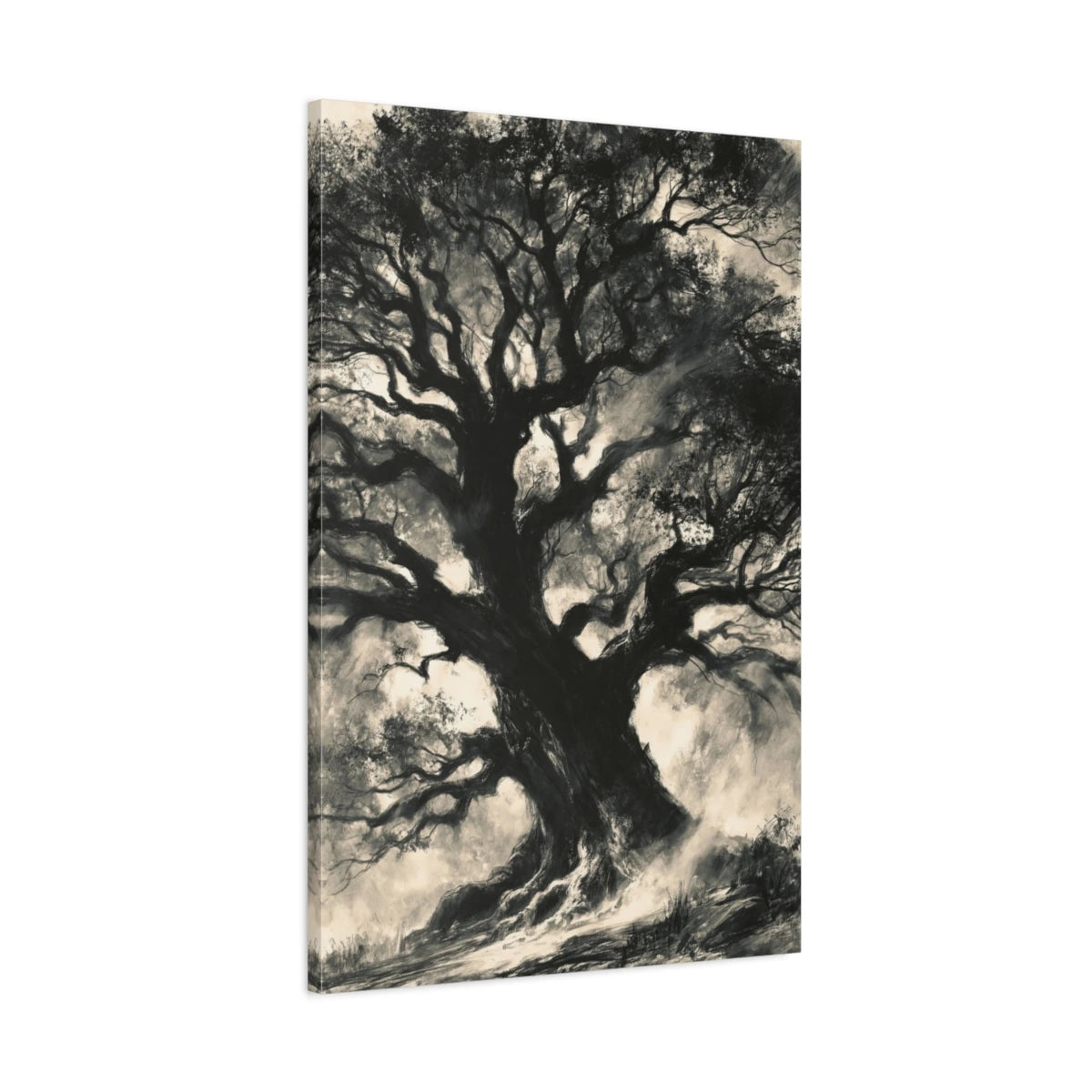 Tableau Arbre de Vie Fusain, vue latérale de la toile avec bords imprimés - Art Virtuoso