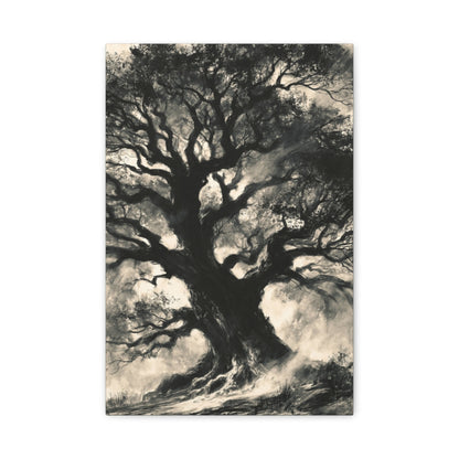 Tableau Arbre de Vie Fusain, un arbre monumental dessiné au fusain sur un fond papier, format S - Art Virtuoso