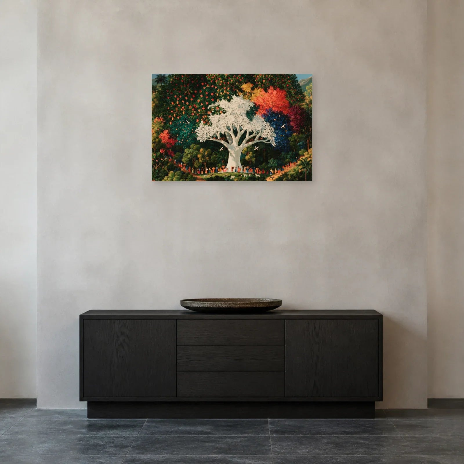 Tableau Arbre de Vie Haïtien présenté dans une entrée - Art Virtuoso