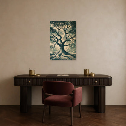 Tableau Arbre de Vie Linogravure présenté dans un bureau - Art Virtuoso