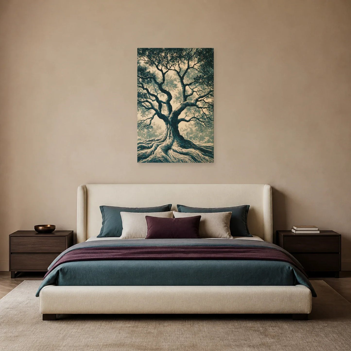 Tableau Arbre de Vie Linogravure présenté dans une chambre - Art Virtuoso