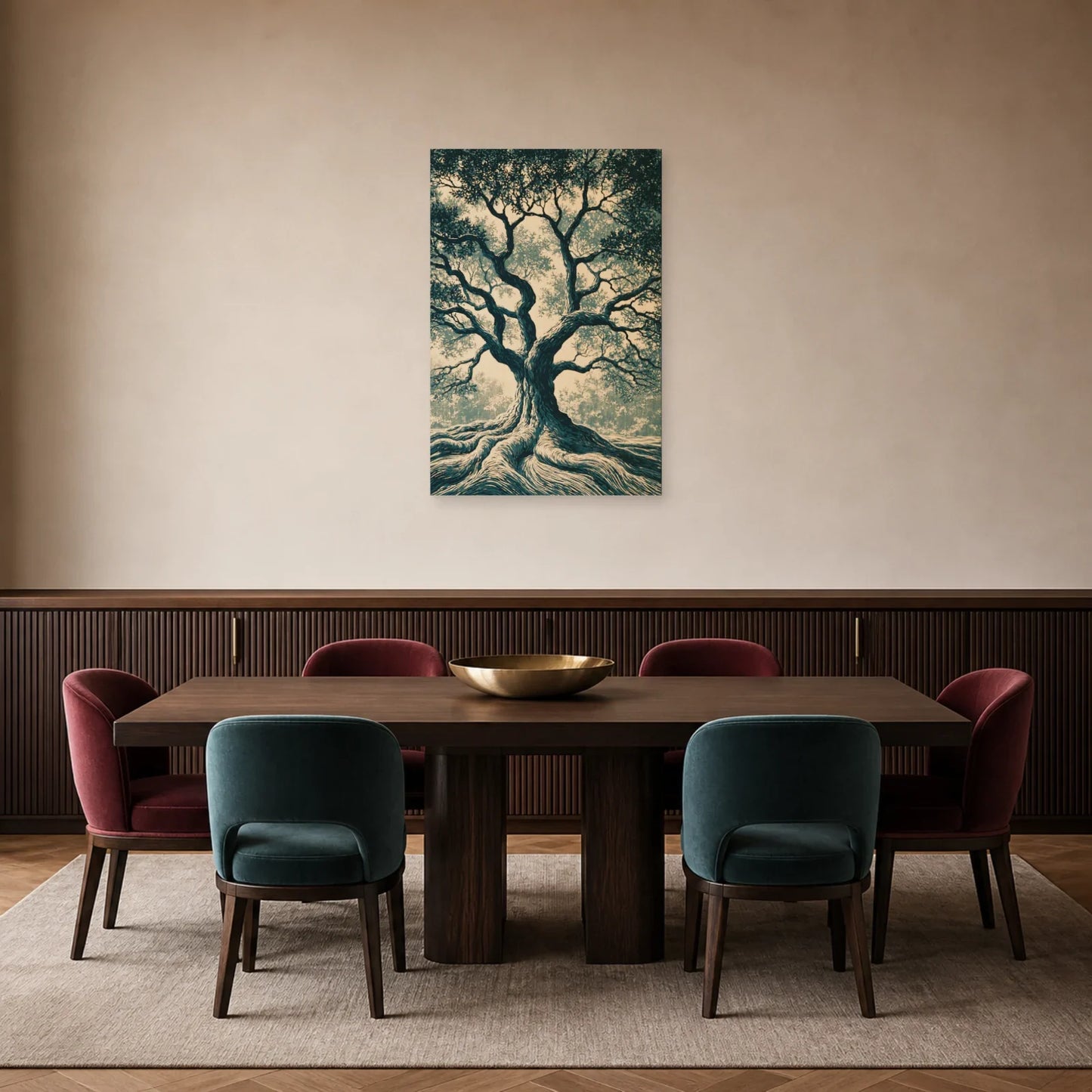 Tableau Arbre de Vie Linogravure présenté dans une salle à manger - Art Virtuoso