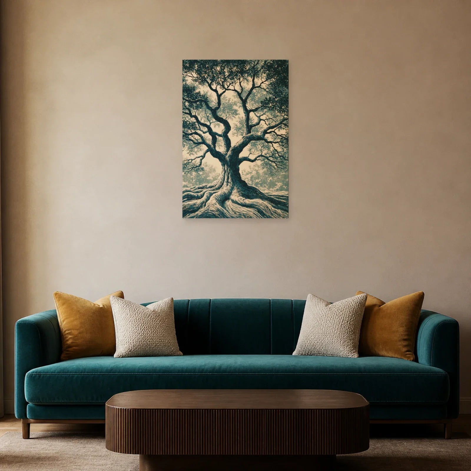 Tableau Arbre de Vie Linogravure présenté dans un salon - Art Virtuoso