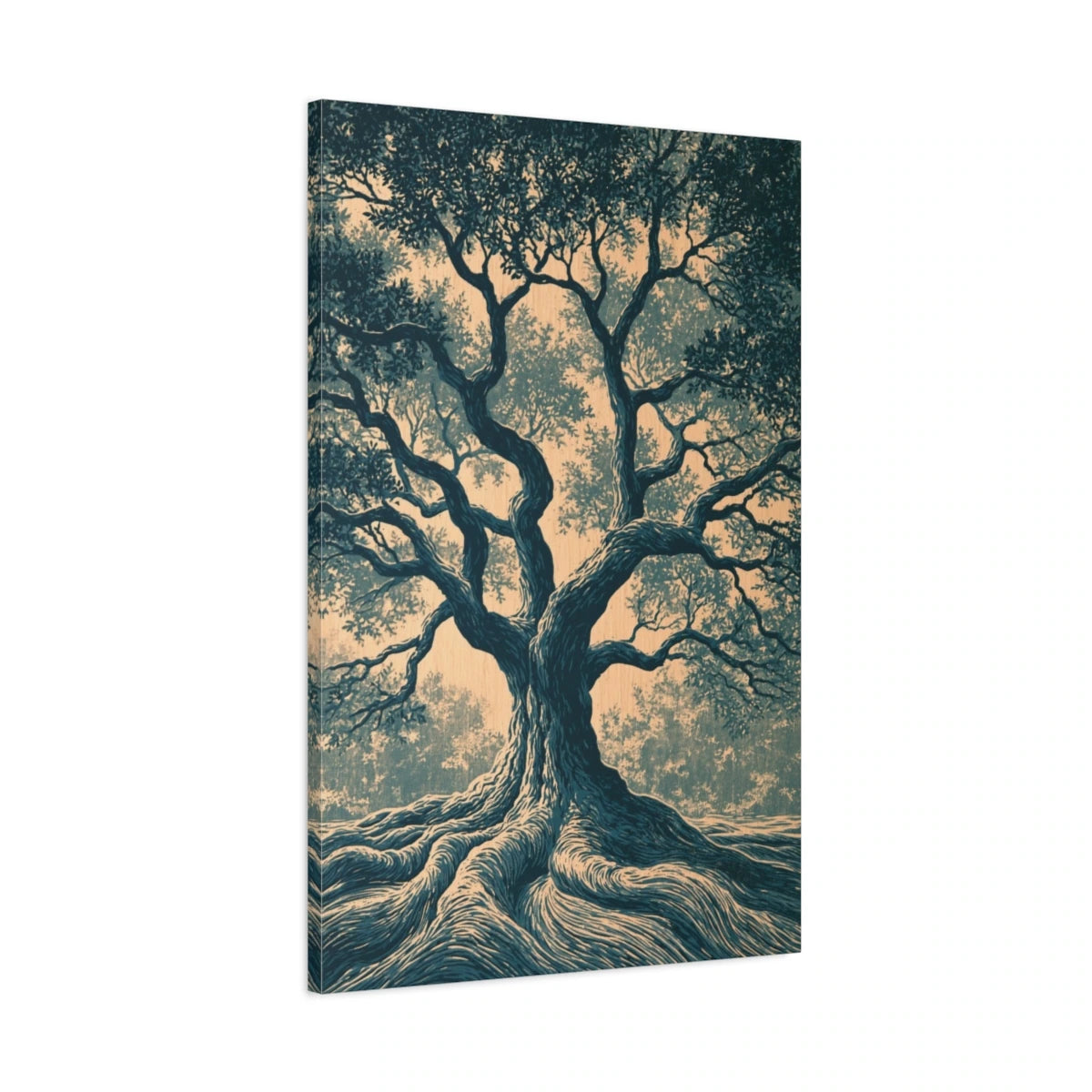 Tableau Arbre de Vie Linogravure, vue latérale de la toile avec bords imprimés - Art Virtuoso