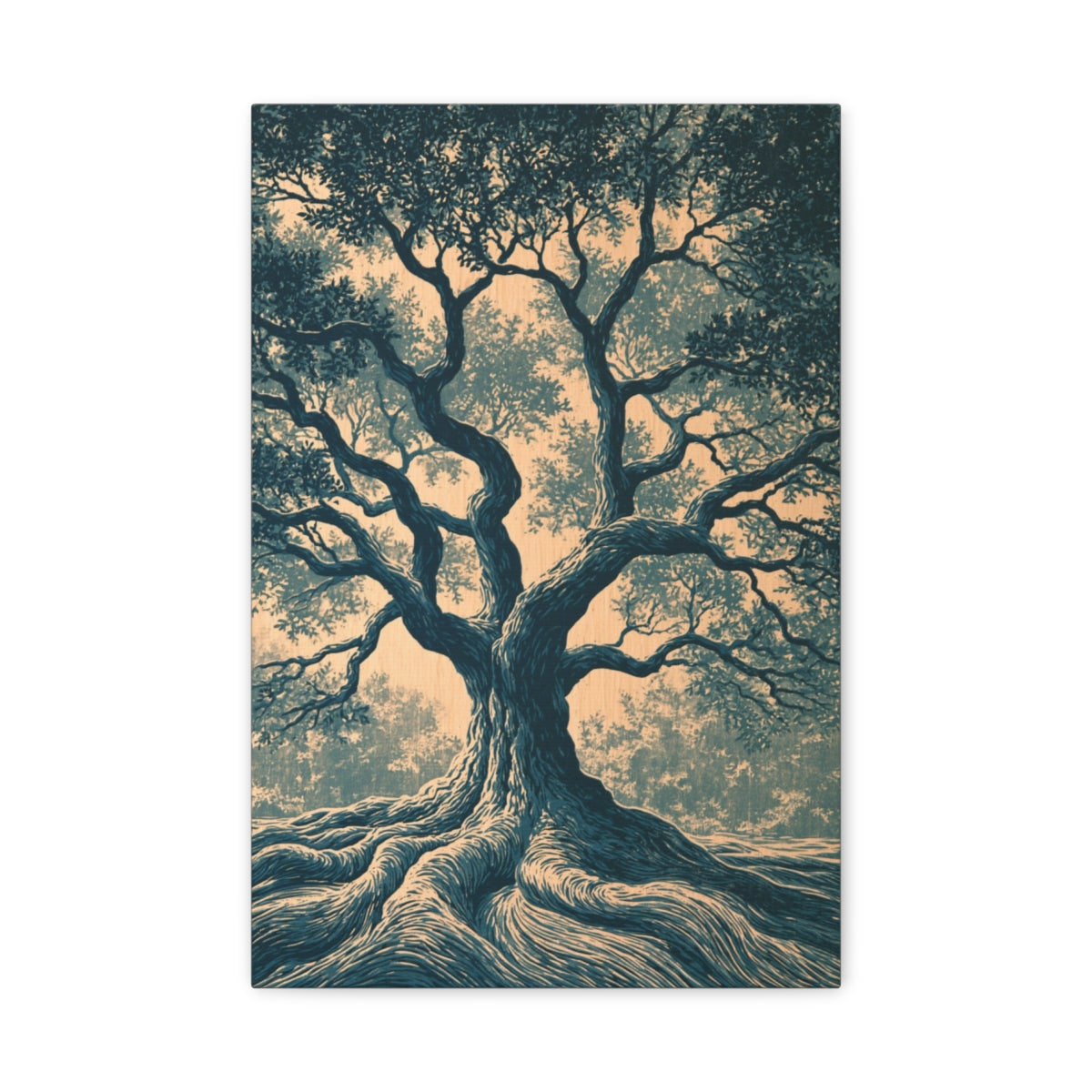 Tableau Arbre de Vie Linogravure, un arbre ancien traduit en larges tailles de gravure bleues, format S - Art Virtuoso