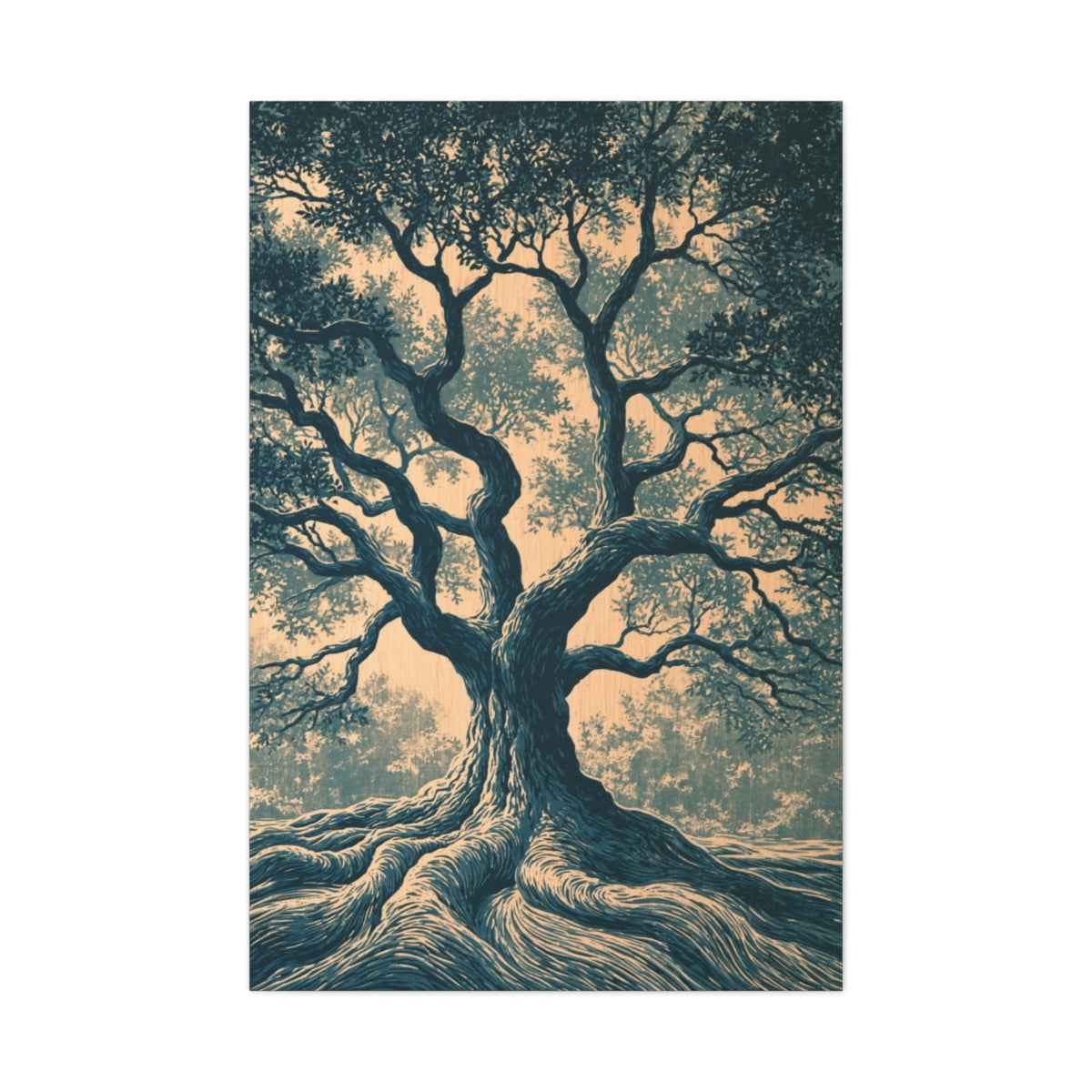 Tableau Arbre de Vie Linogravure, un arbre ancien traduit en larges tailles de gravure bleues, format XXL - Art Virtuoso
