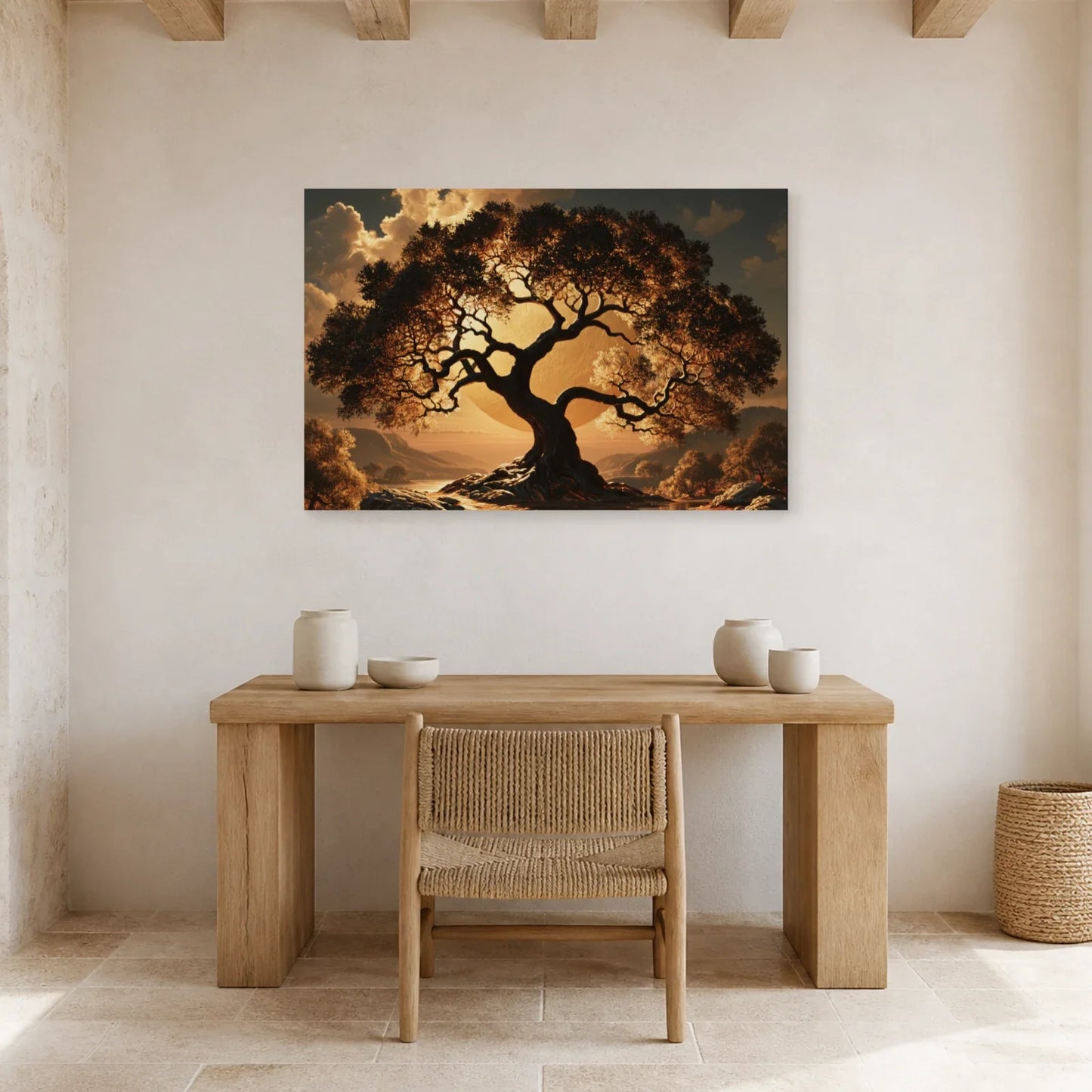 Tableau Arbre de Vie Noir et Or présenté dans un bureau - Art Virtuoso