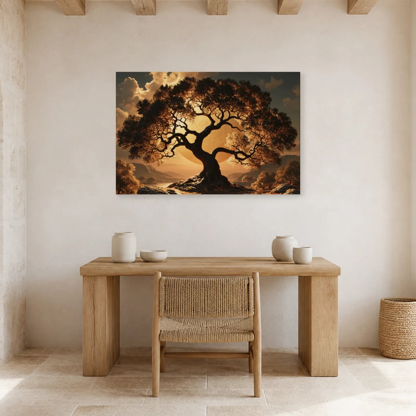Tableau Arbre de Vie Noir et Or présenté dans un bureau - Art Virtuoso