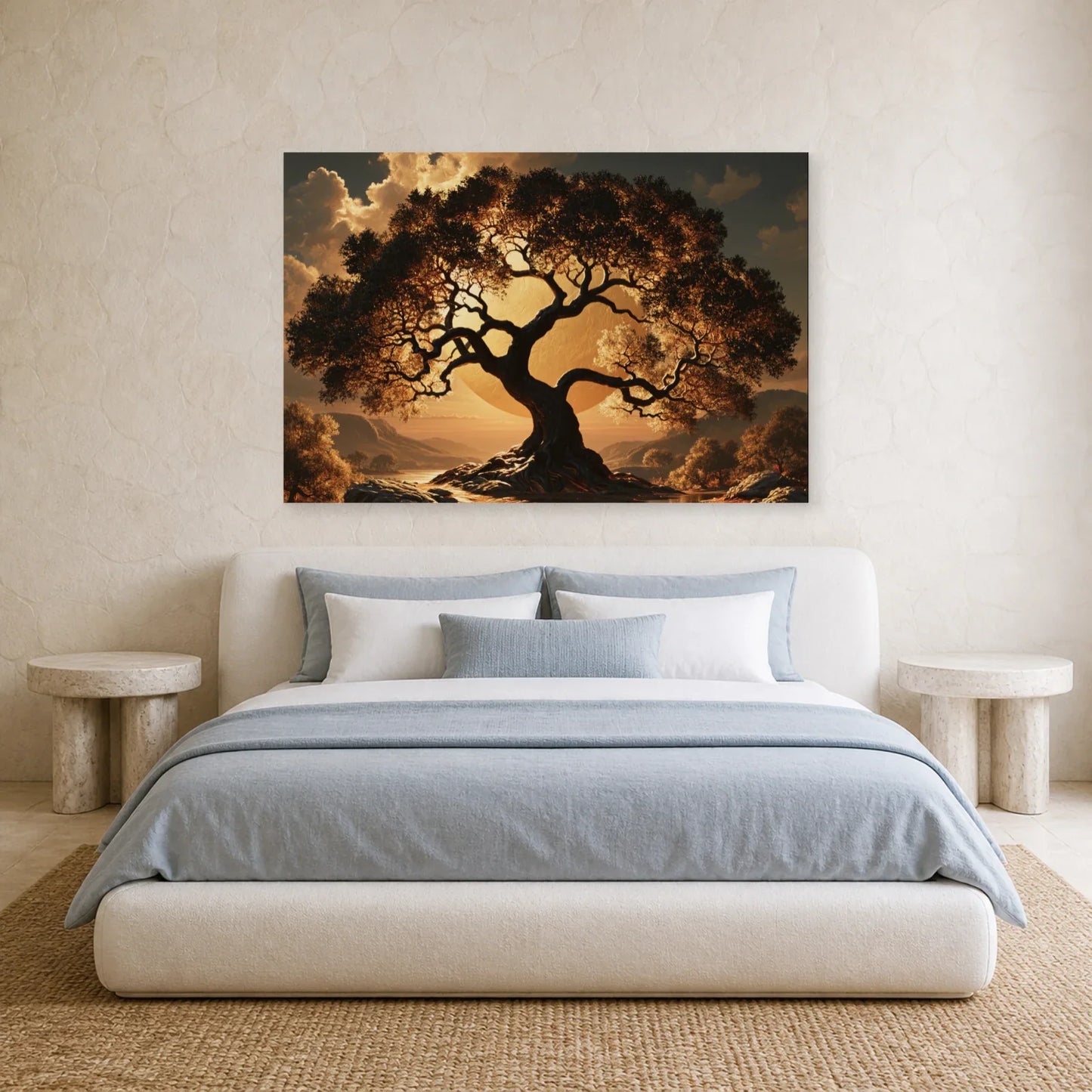 Tableau Arbre de Vie Noir et Or présenté dans une chambre - Art Virtuoso