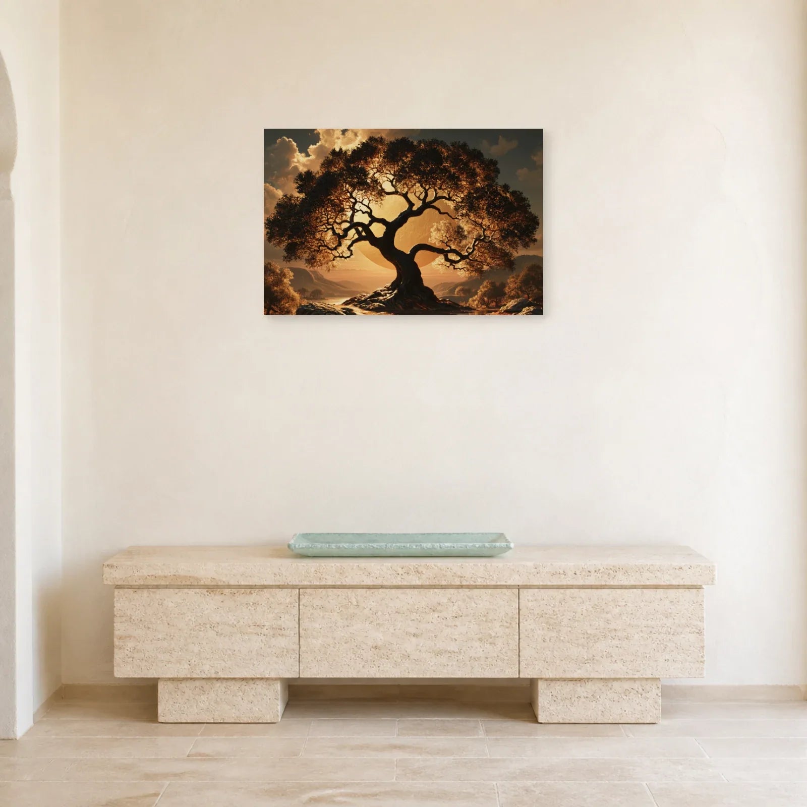 Tableau Arbre de Vie Noir et Or présenté dans une entrée - Art Virtuoso