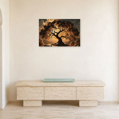 Tableau Arbre de Vie Noir et Or présenté dans une entrée - Art Virtuoso