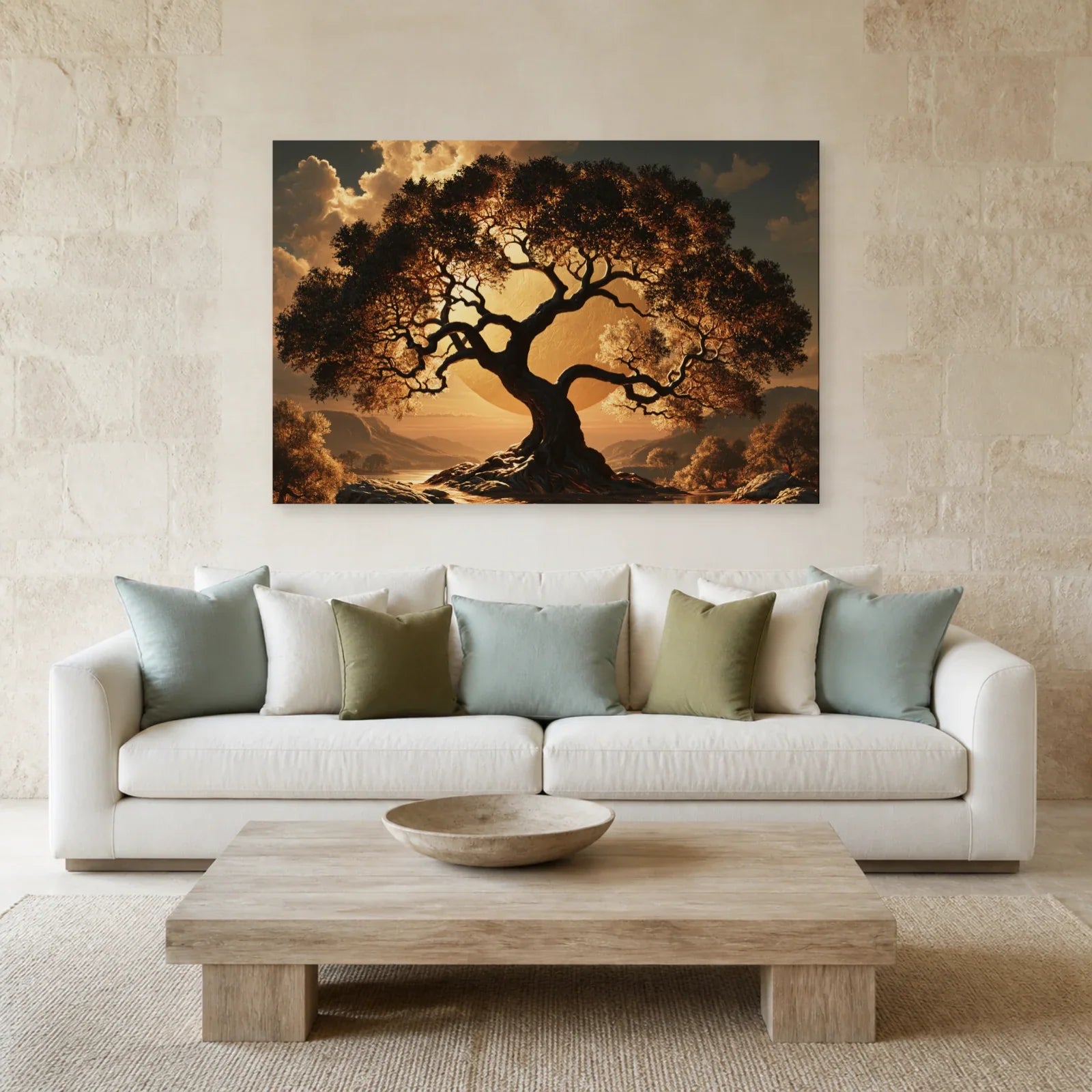 Tableau Arbre de Vie Noir et Or présenté dans un salon - Art Virtuoso