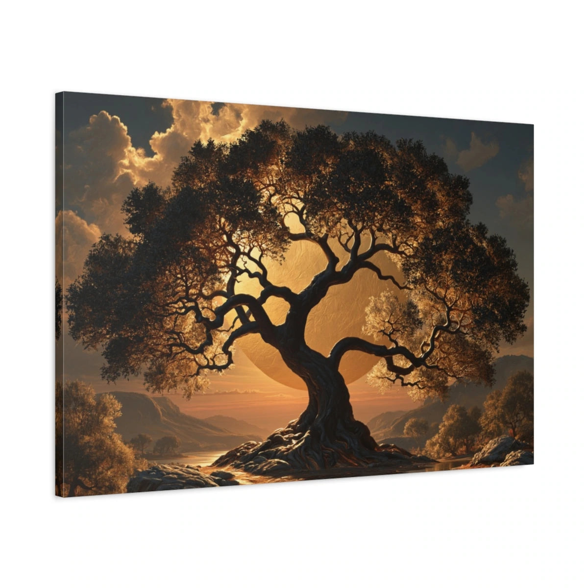 Tableau Arbre de Vie Noir et Or, vue latérale de la toile avec bords imprimés - Art Virtuoso